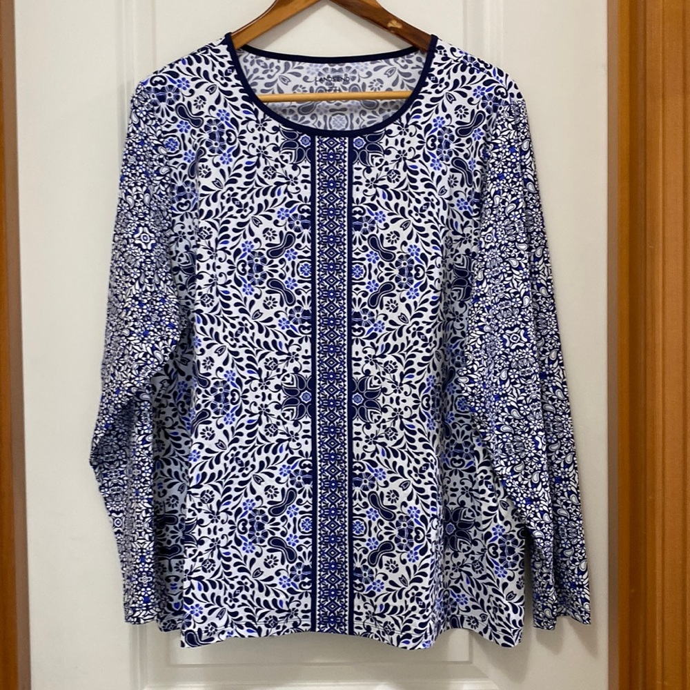 Woman’s Land’s End, Rash Guard shirt, size 2X, color blue & white.